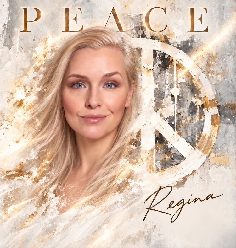 Peace cover — Regina Lund, with white and gold brushwork and a peace symbol